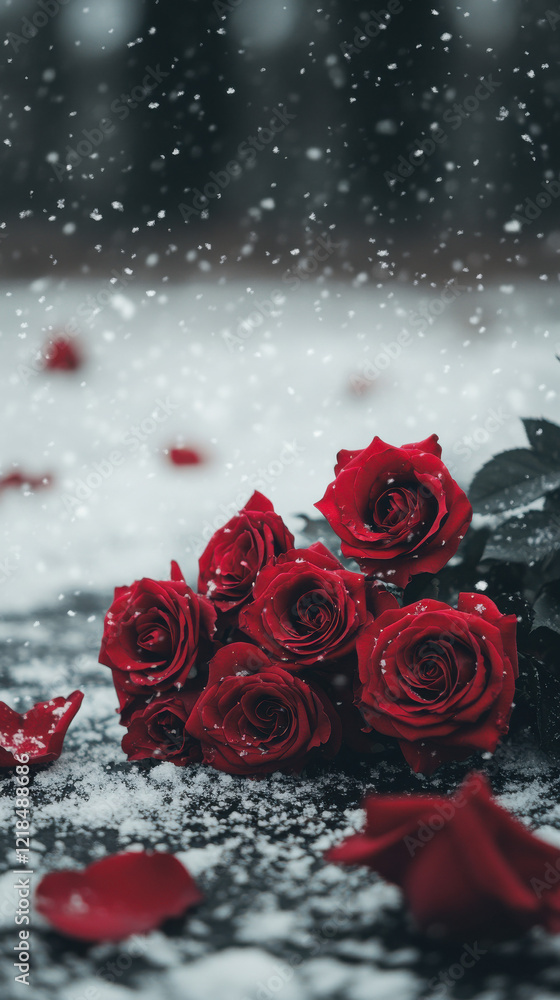 Elegant red roses in snow-covered landscape Elegant red roses in snow-covered landscape