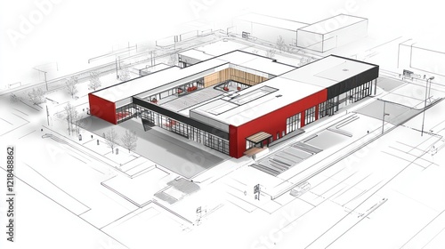 Modern school building design, aerial view, city background, architectural rendering