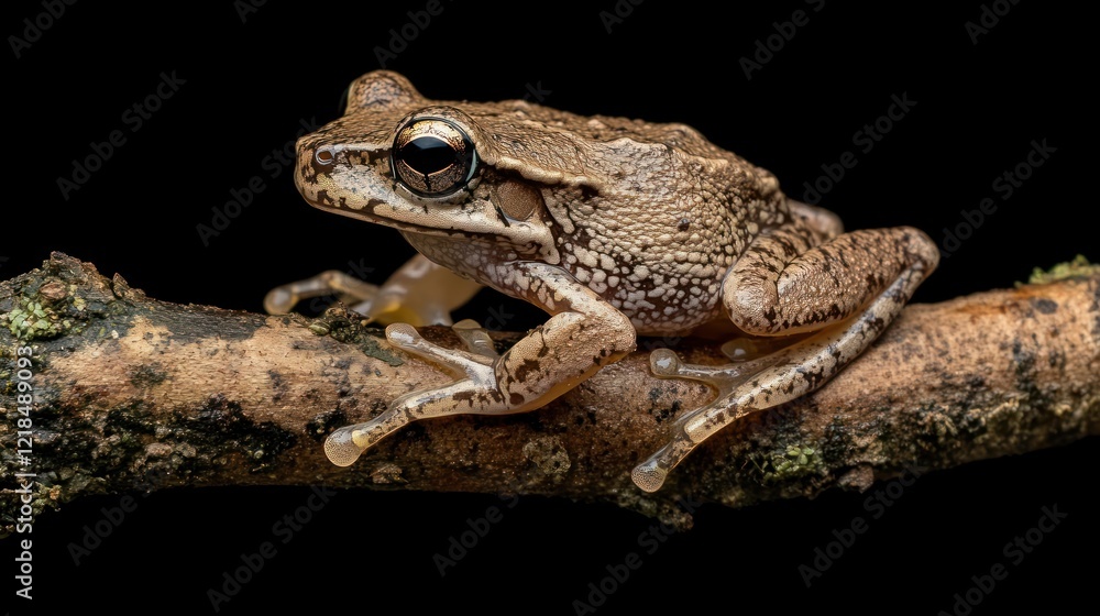 Rainforest frog perched on branch, night, wildlife study Rainforest frog perched on branch, night, wildlife study