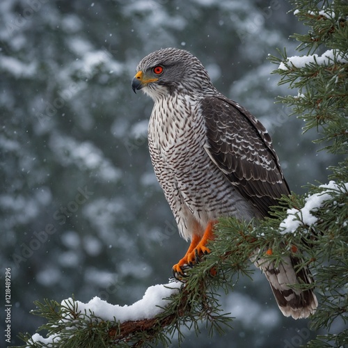 red tailed hawk. Northern Goshawk Among Snowy Pines. Northern goshawk (Accipiter gentilis) in forest in winter.
 photo