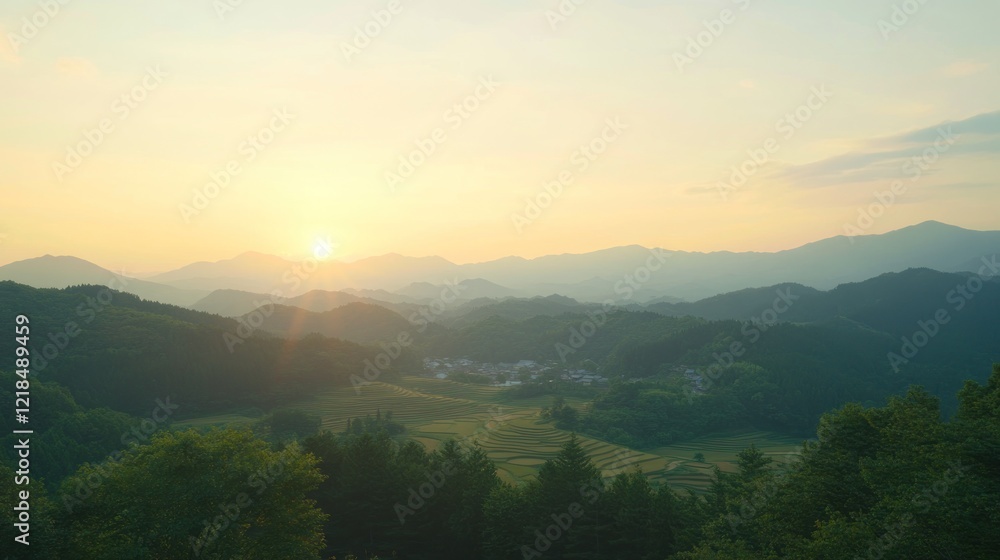 Fototapeta premium Sunrise over mountain valley village, peaceful rural landscape, idyllic scene