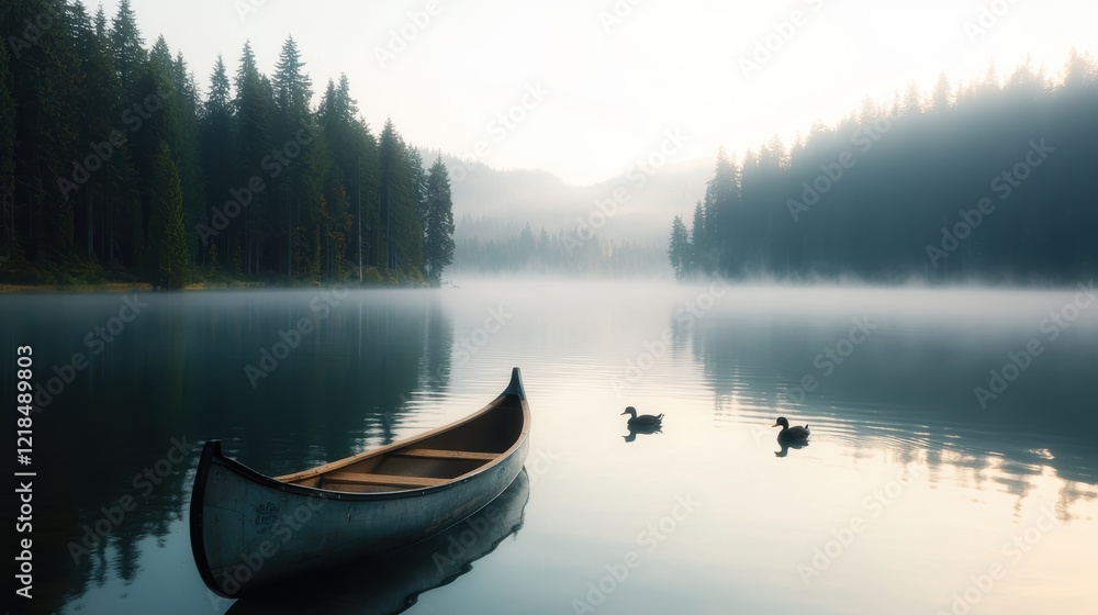 Serene Canoe on Misty Lake at Sunrise Serene Canoe on Misty Lake at Sunrise
