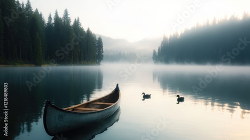 Obraz na płótnie Serene Canoe on Misty Lake at Sunrise w salonie
