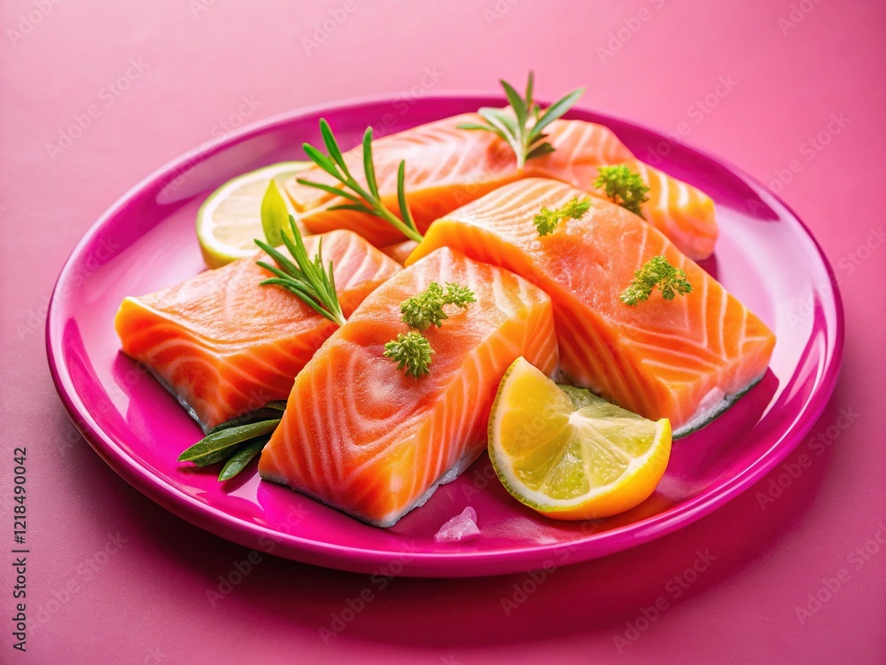 Fresh Salmon Slices on Pink Plate - Ready to Cook Fresh Salmon Slices on Pink Plate - Ready to Cook