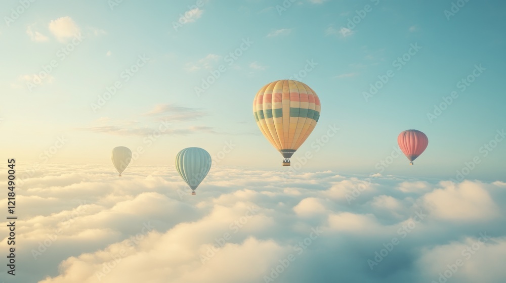 Obraz premium Hot air balloons soar above clouds at sunrise; peaceful travel