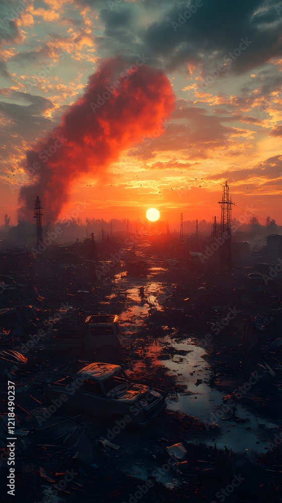 Obraz premium chaotic landscape, a vast battlefield with wrecked vehicles and smoke rising from the horizon an intense red and orange sunset sky 