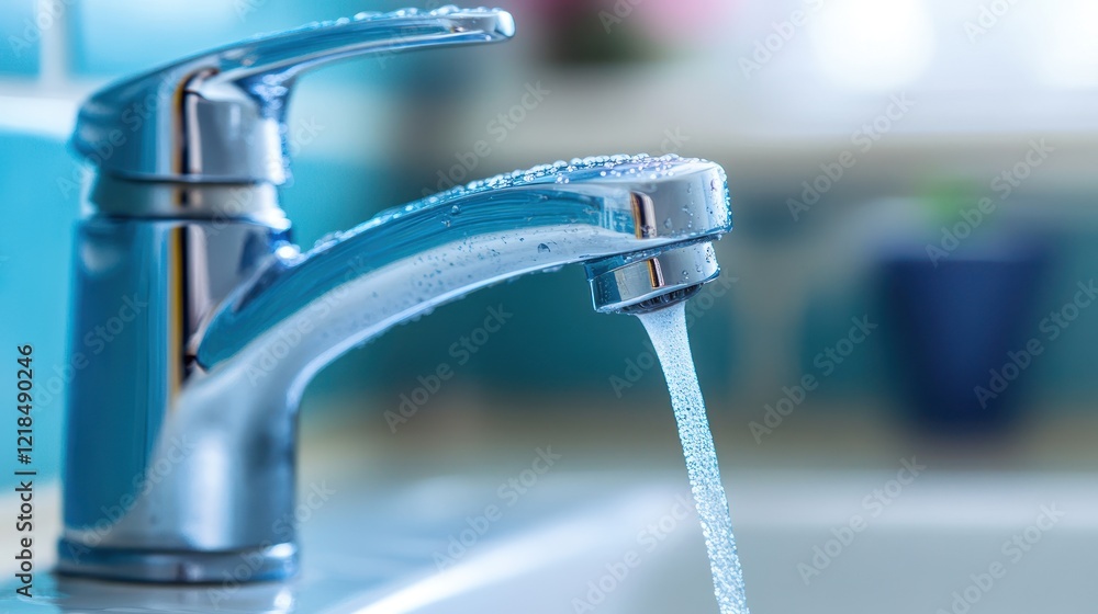 Bathroom faucet running water, close-up, blue background, plumbing Bathroom faucet running water, close-up, blue background, plumbing
