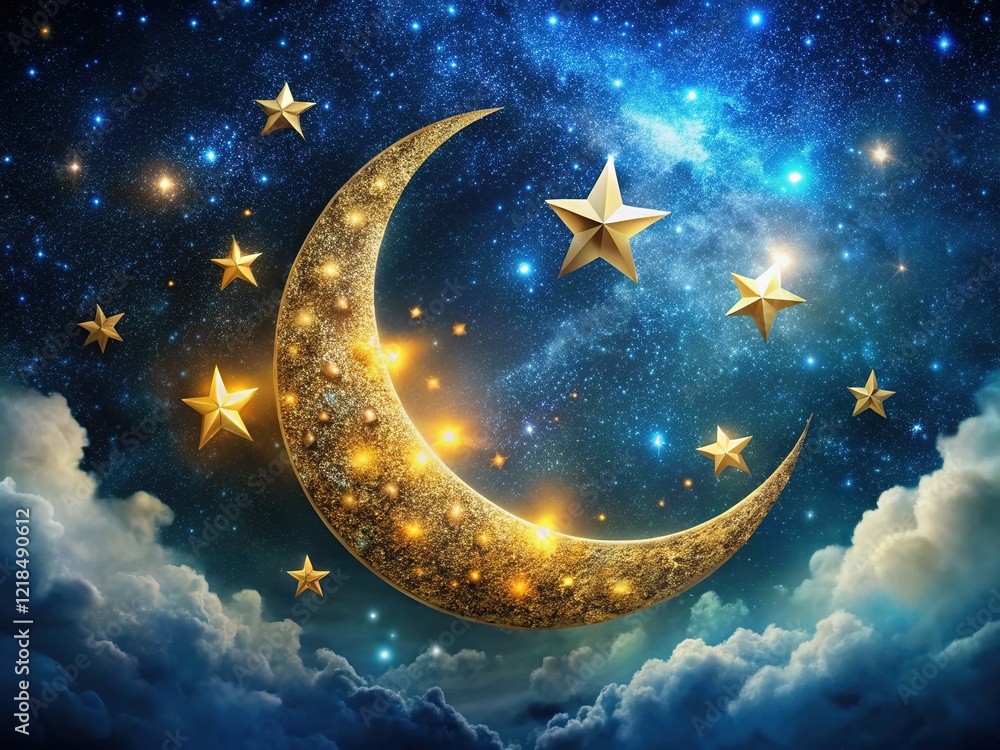 Naklejka premium Golden crescent moon, double-exposed stars, night sky.
