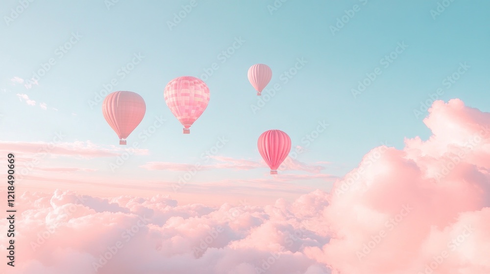 Obraz premium Pink hot air balloons soar above pastel clouds at sunrise; dreamy travel poster (2)