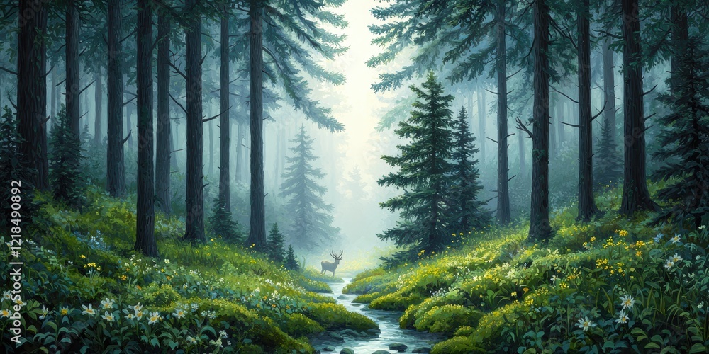 Fototapeta premium Serene Forest Scene with a Gentle Stream and Sunlight Filtering Through the Trees
