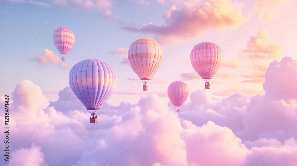 Obraz premium Pastel hot air balloons soar above clouds at sunset, dreamy travel poster