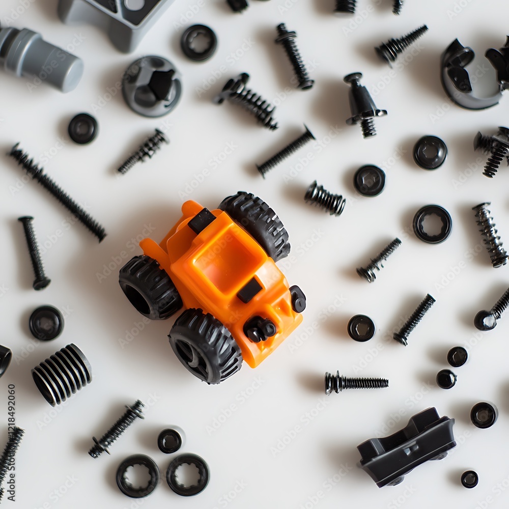 Plastic toy tractor on a white background with screws and nuts. Plastic toy tractor on a white background with screws and nuts.