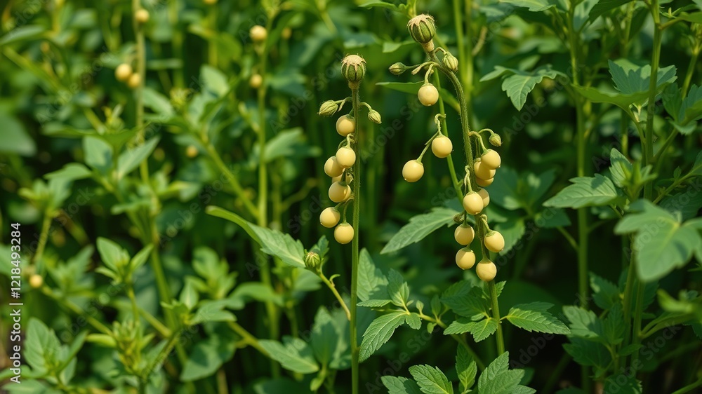 Fototapeta premium Lush Chickpea Plant Garden, Pods & Leaves, Vibrant Photo