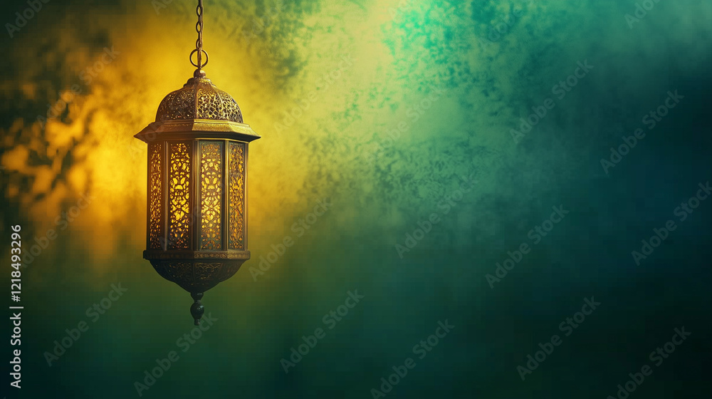 © mohammad - Middle Eastern style hanging golden lantern, surrounded by emerald green and golden yellow gradient, Ai generated images