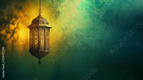 Middle Eastern style hanging golden lantern, surrounded by emerald green and golden yellow gradient, Ai generated images