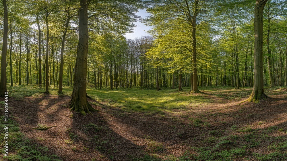 Fototapeta premium Sunlit Spring Beech Forest Panoramic