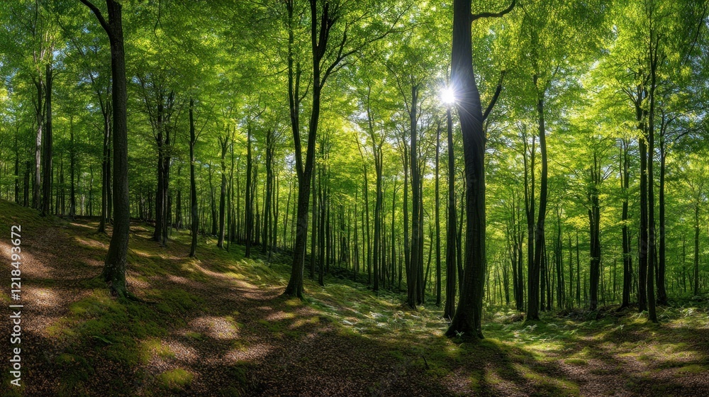 Naklejka premium Sunlit Beech Forest Path, Spring Sunlight, Green Canopy, Nature Wallpaper