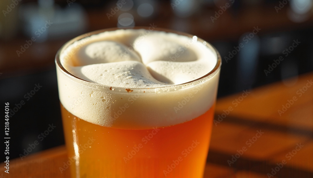 Artisan Beer with Four-Leaf Clover Foam Design in Warm Lighting Artisan Beer with Four-Leaf Clover Foam Design in Warm Lighting