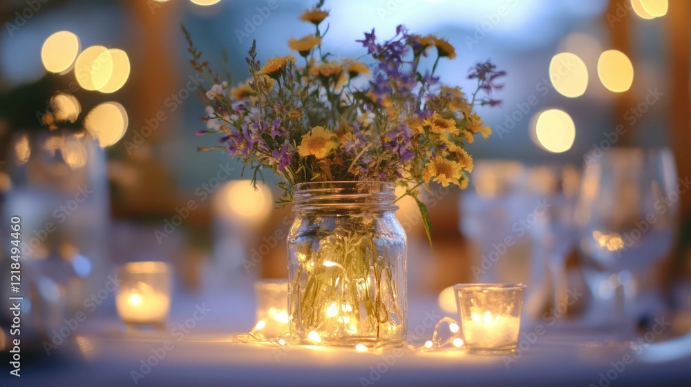 A creative wedding table centerpiece made from mason jars filled with fairy lights and wildflowers, crafted by the couple A creative wedding table centerpiece made from mason jars filled with fairy lights and wildflowers, crafted by the couple