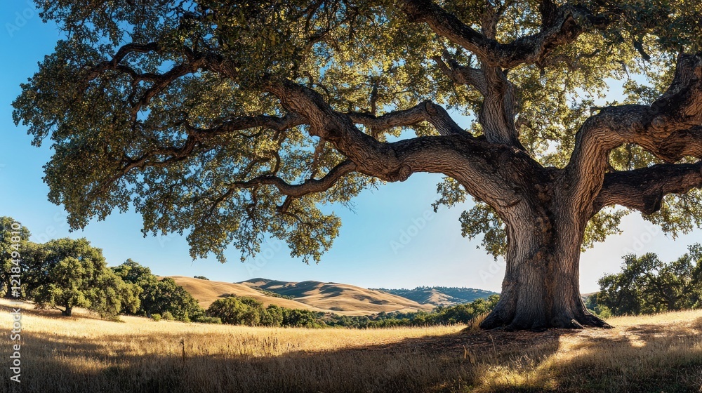 Majestic oak tree in sun-drenched meadow, rolling hills background, nature serenity Majestic oak tree in sun-drenched meadow, rolling hills background, nature serenity