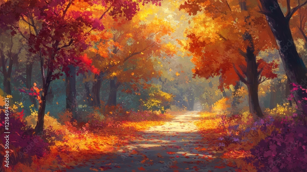 Sunlit autumn path through vibrant forest. Sunlit autumn path through vibrant forest.