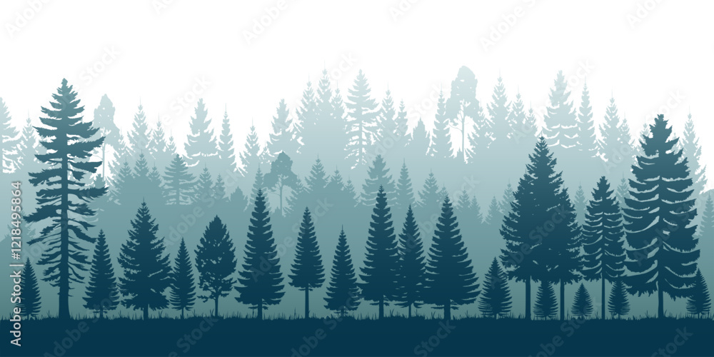 Fototapeta premium Silhouette of a Forest With Layered Trees in Soft Hues. Various Types of Trees, Tall Firs and others