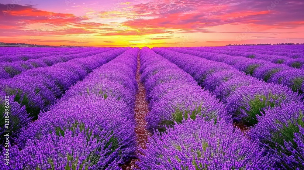Fototapeta premium Sunrise over vibrant lavender field, Provence, France; idyllic postcard scene