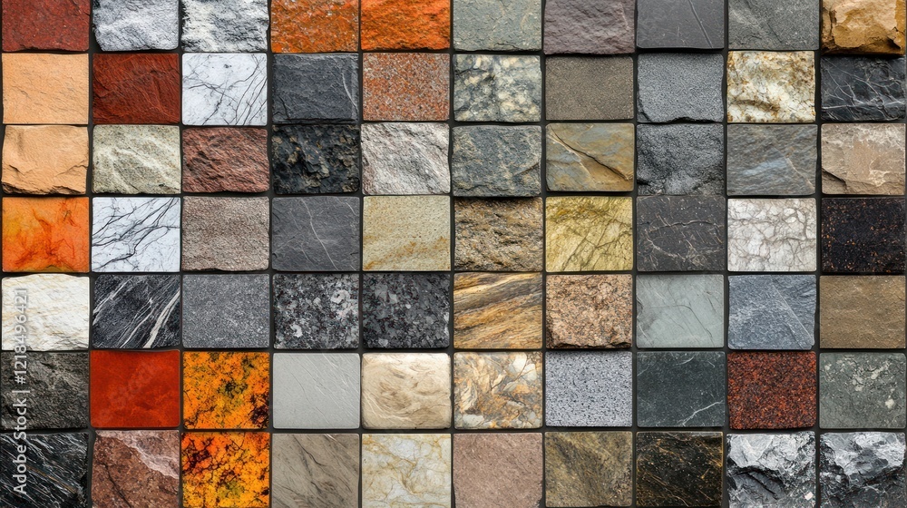 Stone tile samples, diverse textures, showroom display, design choices Stone tile samples, diverse textures, showroom display, design choices