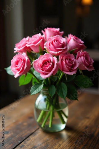 A bouquet of pink roses sits on a wooden table, floral, roses, wood