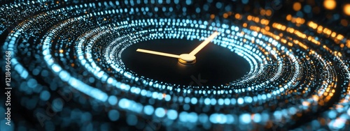 Abstract Clock Design with Glowing Particles and a Swirling Light Effect Representing Time and Technology