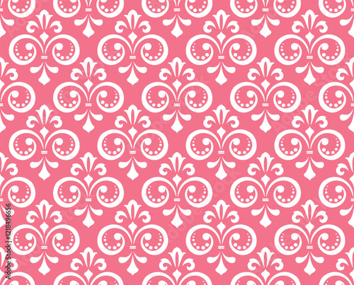 Wallpaper in the style of Baroque. Seamless vector background. White and pink floral ornament. Graphic pattern for fabric, wallpaper, packaging. Ornate Damask flower ornament