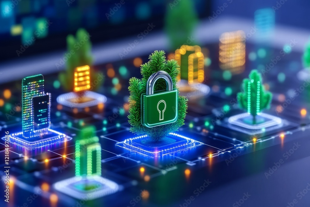 A creative banner with a padlock icon, a key, and a strong password example, surrounded by icons of digital devices. Generative AI A creative banner with a padlock icon, a key, and a strong password example, surrounded by icons of digital devices. Generative AI