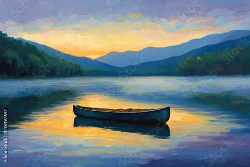 Serene Sunrise over Still Lake with Canoe