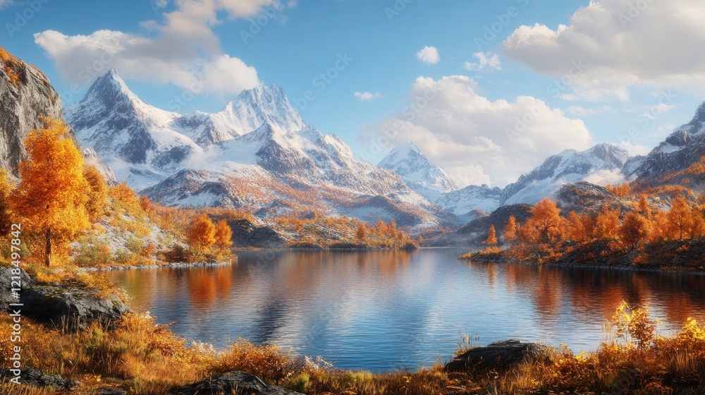 Naklejka premium Autumnal lake reflecting snowy mountains; scenic landscape for travel brochures