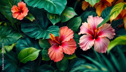 Wallpaper Mural Vibrant Hibiscus Flowers in Lush Tropical Foliage Torontodigital.ca