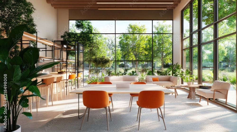Fototapeta premium Modern bright office space with large windows, wooden furniture, and plants.