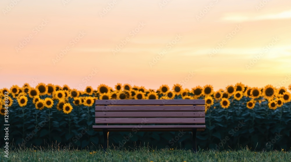 Obraz premium Serene Sunset over a Sunflower Field with Wooden Bench