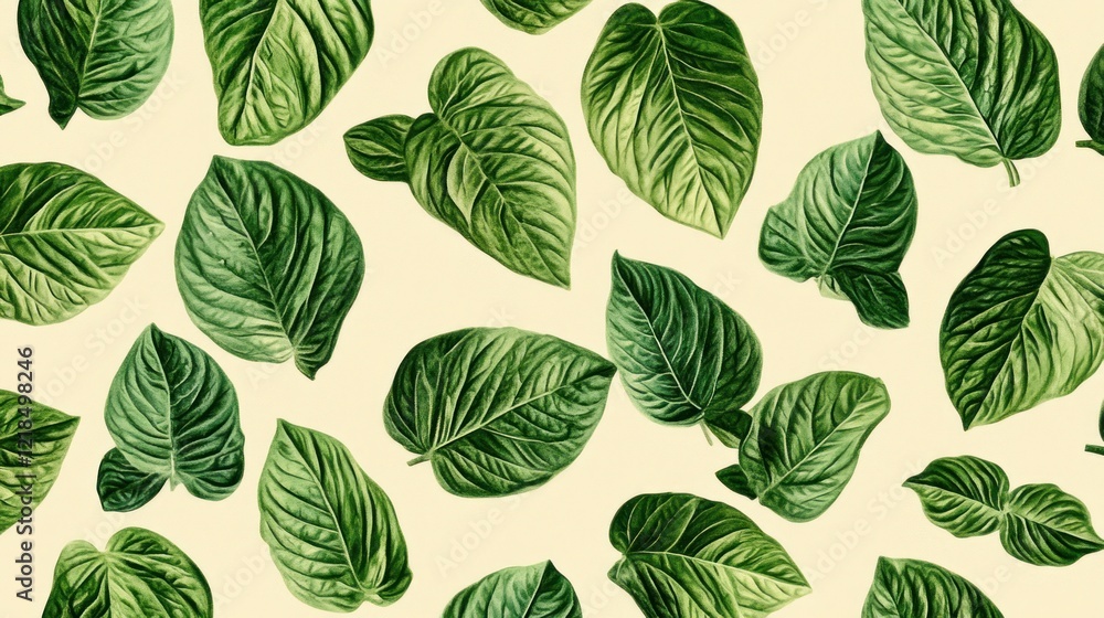 Tropical leaves pattern, cream background, scattered design, fabric print Tropical leaves pattern, cream background, scattered design, fabric print