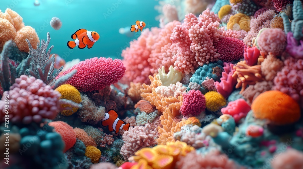 Fototapeta premium A vibrant coral reef teeming with life, with fish of every color darting among the coral,