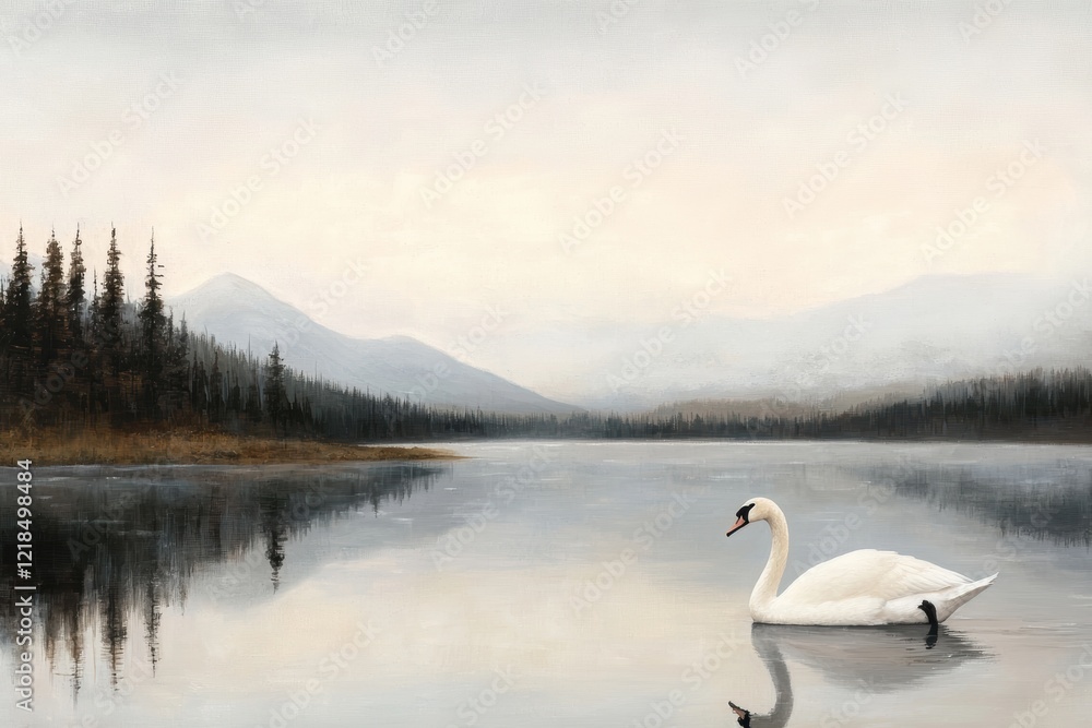 Fototapeta premium Serene Swan on a Calm Lake Surrounded by Majestic Mountains