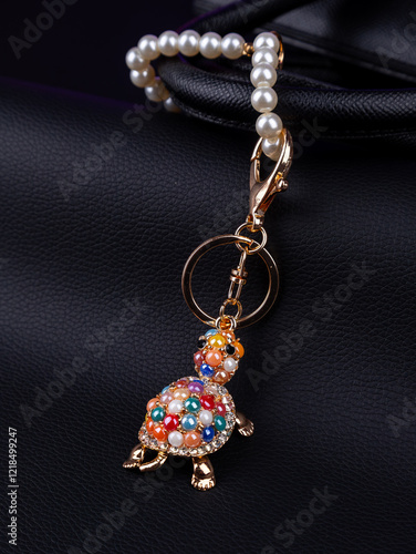 close up of beautiful shiny turtle keychain made of colorful rhinestones on black   bag photo