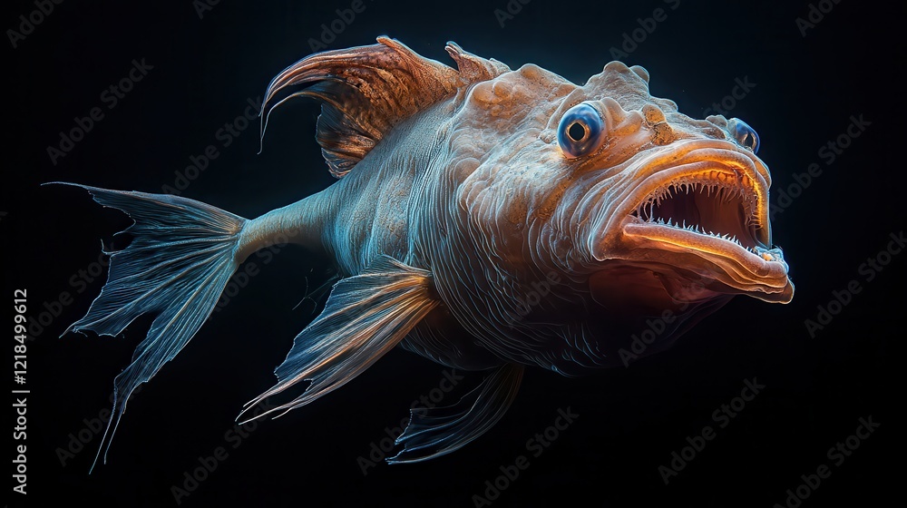 Fototapeta premium A deep-sea anglerfish glowing in the pitch-black abyss, its bioluminescent lure shining brightly,