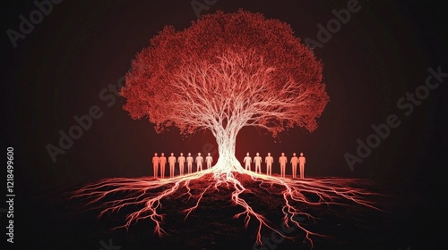 Abstract representation of a glowing tree with red roots and silhouetted figures standing below it against a dark background photo