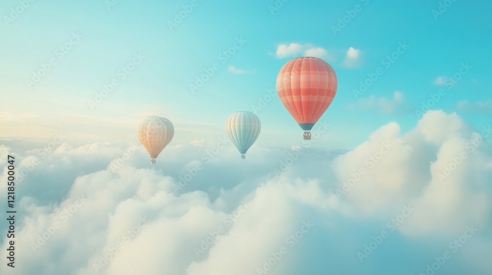 Fototapeta premium Three hot air balloons soar above fluffy clouds at sunrise, idyllic travel scene