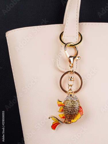 close up of funny fish keychain with  orange  rhinestones on white bag photo