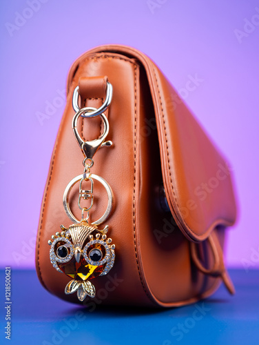 close up of cute owl keychain made of brown  rhinestones on brown  bag