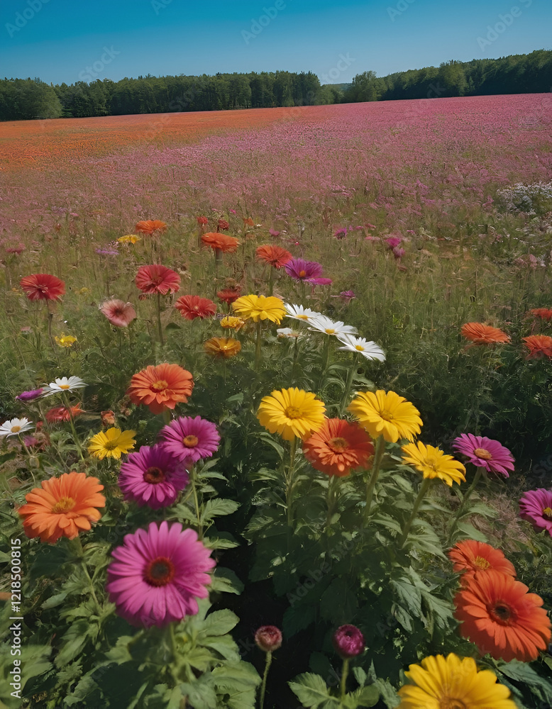 A field of colorful flowers under the bright sun, with a clear blue sky, spring background A field of colorful flowers under the bright sun, with a clear blue sky, spring background
