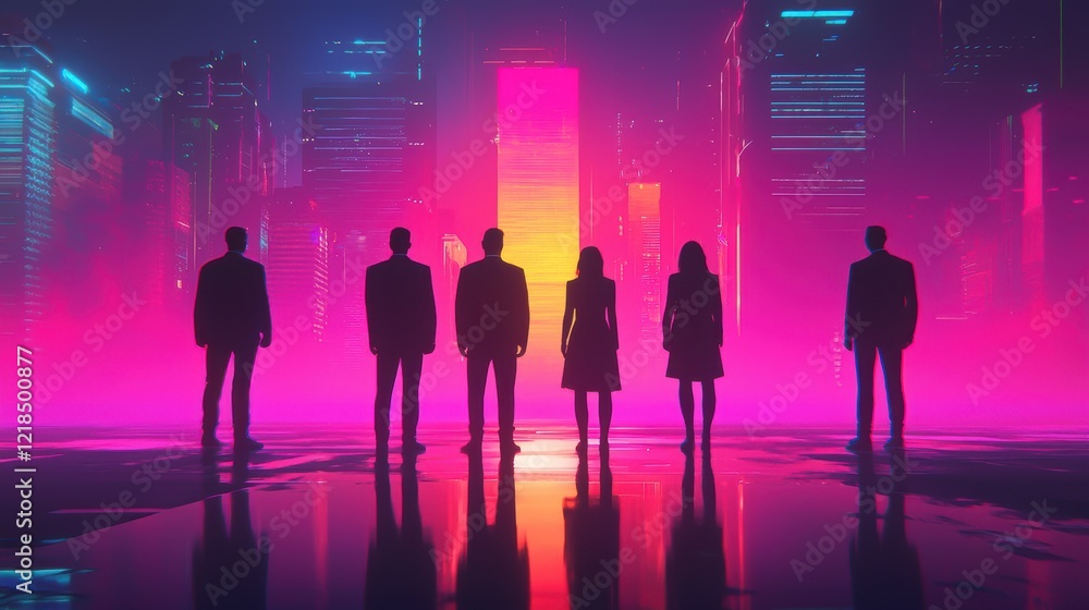 Fototapeta premium Silhouetted Figures in a Vibrant Cyberpunk City at Night