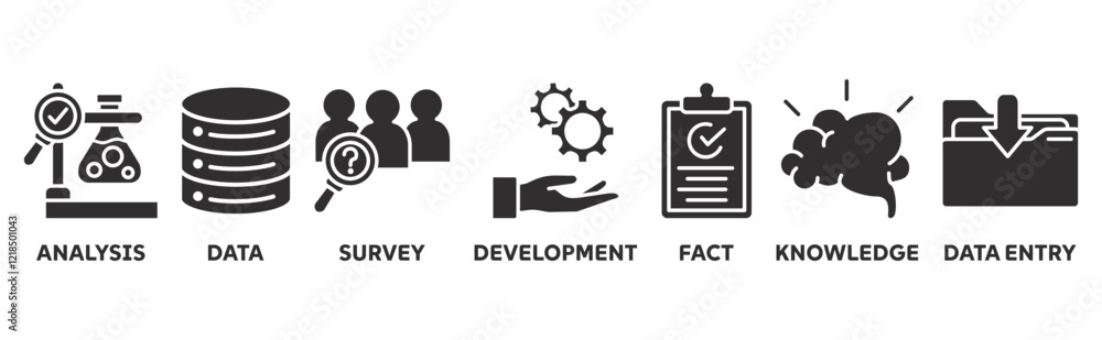 Research icon set illustration concept with icon of analysis, data, survey, development, fact, knowledge, data entry Research icon set illustration concept with icon of analysis, data, survey, development, fact, knowledge, data entry
