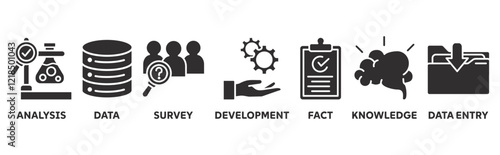 Research icon set illustration concept with icon of analysis, data, survey, development, fact, knowledge, data entry 